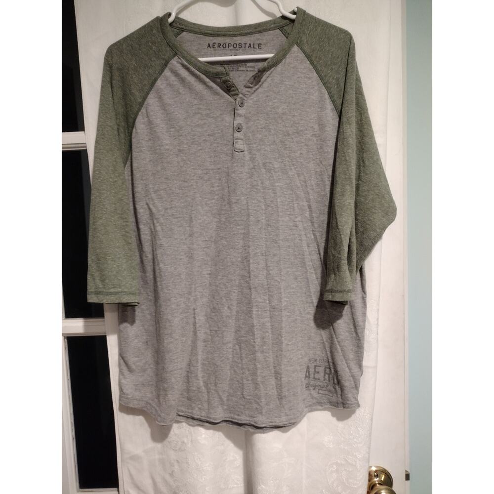Aeropostale Large Men Henley Shirt 3/4 Sleeve Casual  Y2K Gray Green Preppy EUC